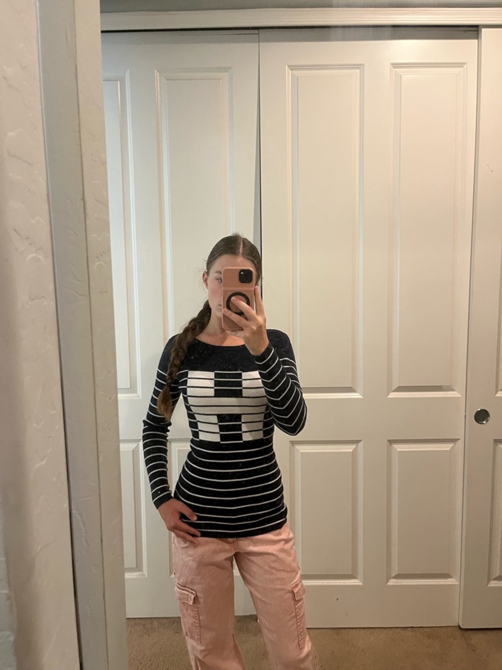 Tommy Hilfiger navy & White Striped Long-Sleeve Knit Top with Chest Graphic